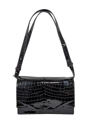 Ganni - Black Patent Leather Croc Embossed Shoulder Bag