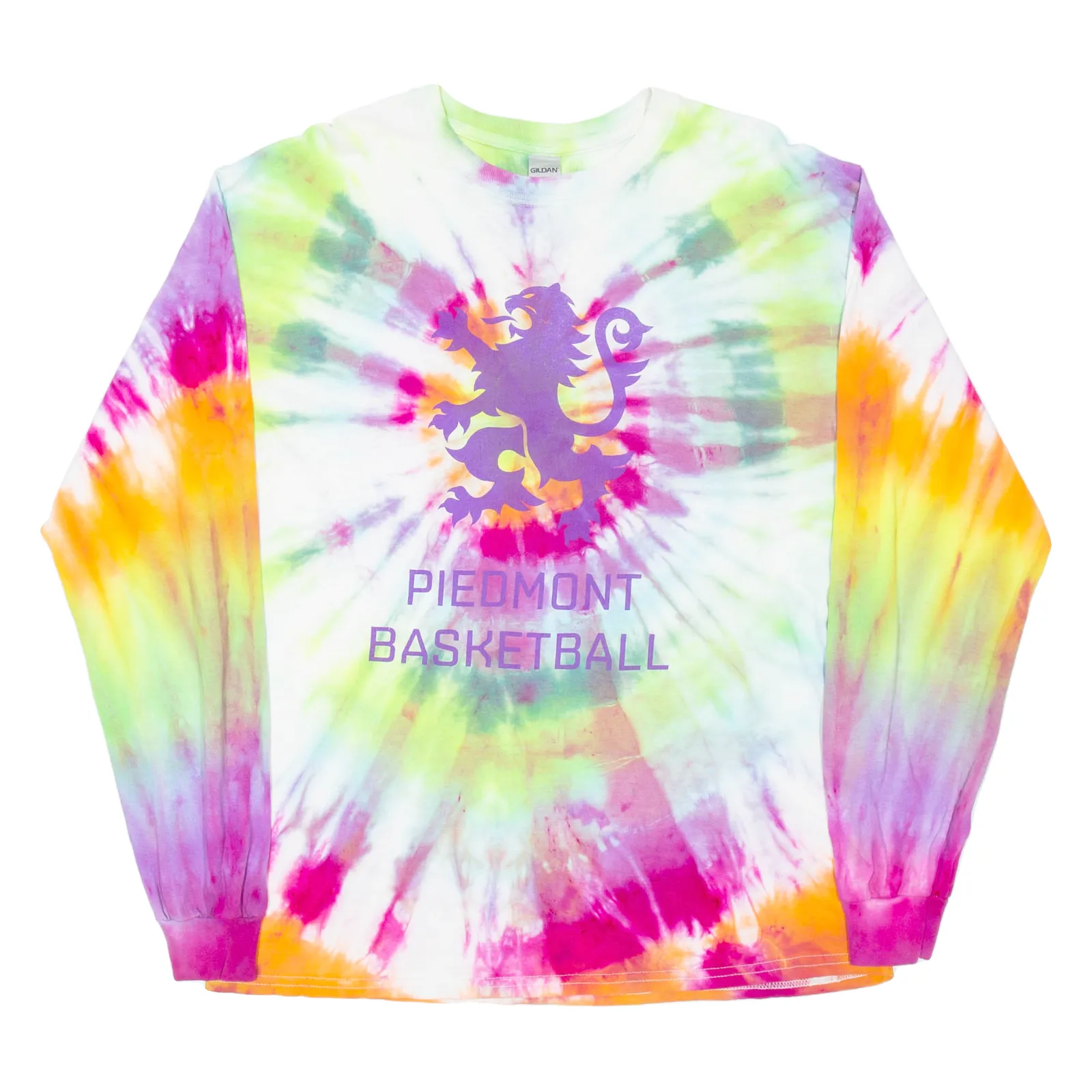 GILDAN Piedmont Basketball Womens Tie Dye T-Shirt Purple Long Sleeve USA L