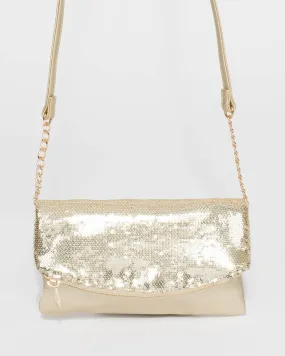 Gold Zoe Sequin Foldover Clutch Bag