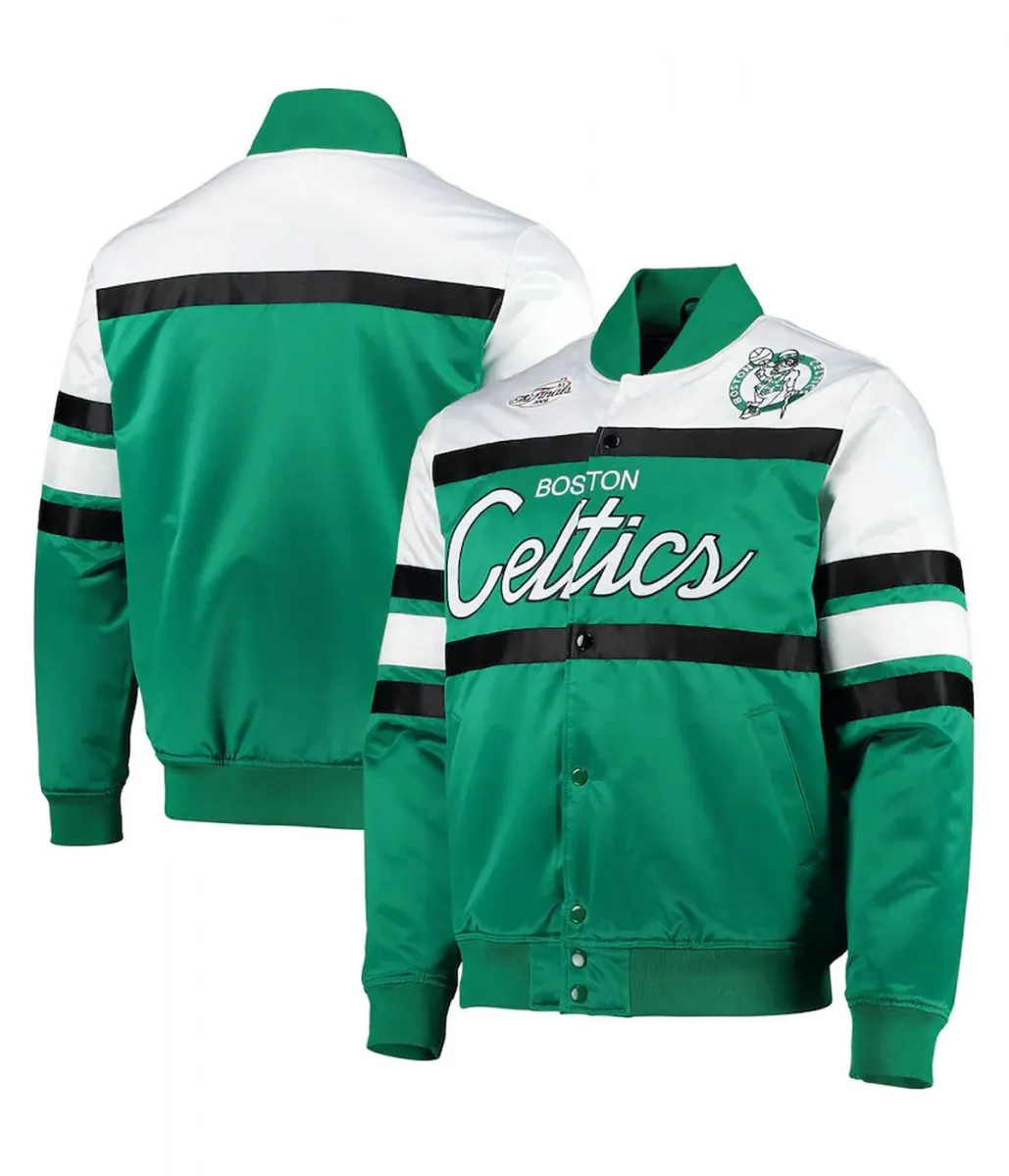 Hardwood Classics Script Boston Celtics Satin Kelly Green and White Jacketreen and White Jacket