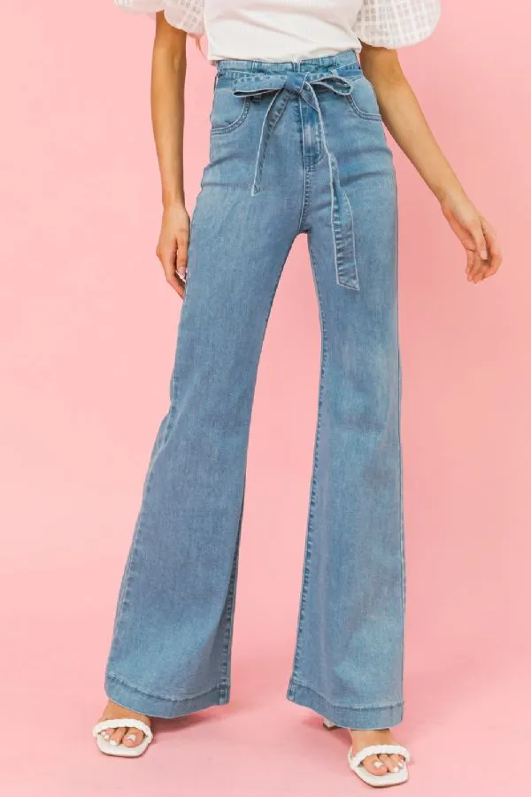 High Waisted Denim Flare Jeans With Fabric Tie Belt