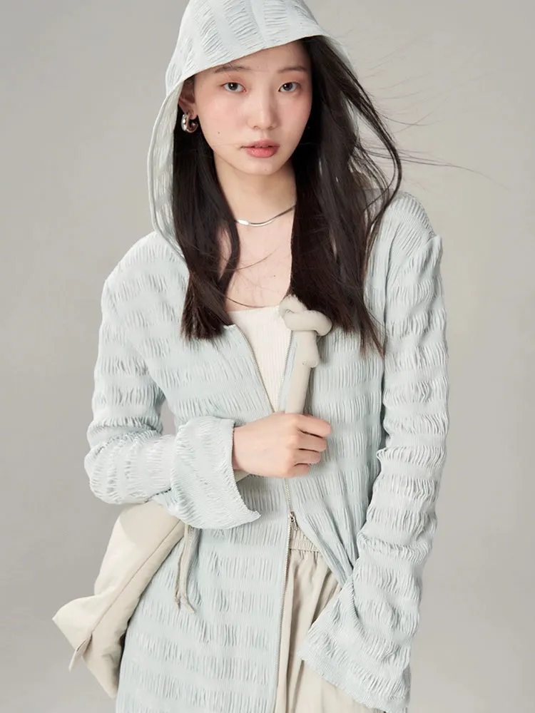 Hooded Wrinkle Double-Zipper Knitted Cardigan