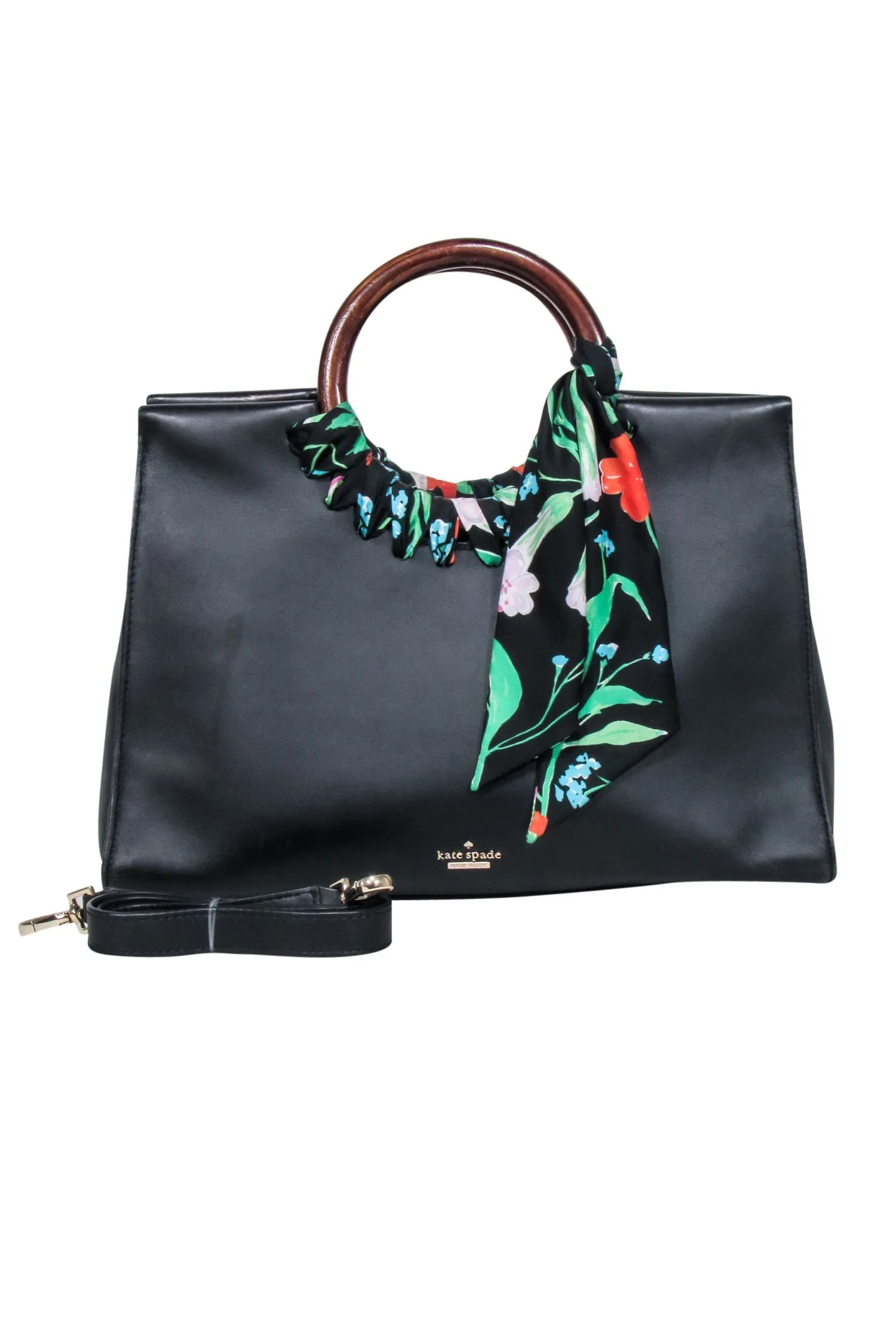 Kate Spade - Black Leather Shoulder Bag w/ Wood Circle Handles & Floral Detail