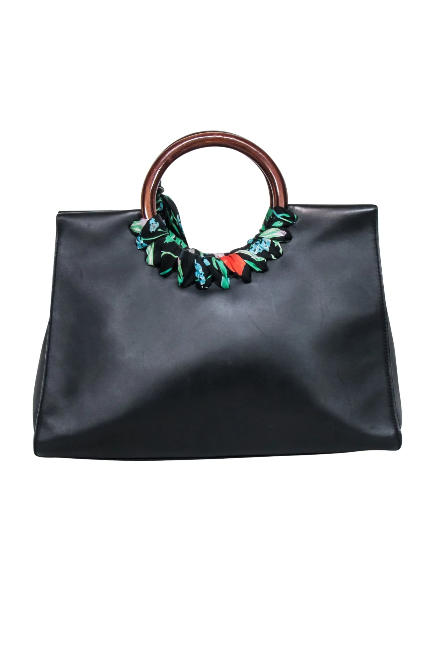 Kate Spade - Black Leather Shoulder Bag w/ Wood Circle Handles & Floral Detail