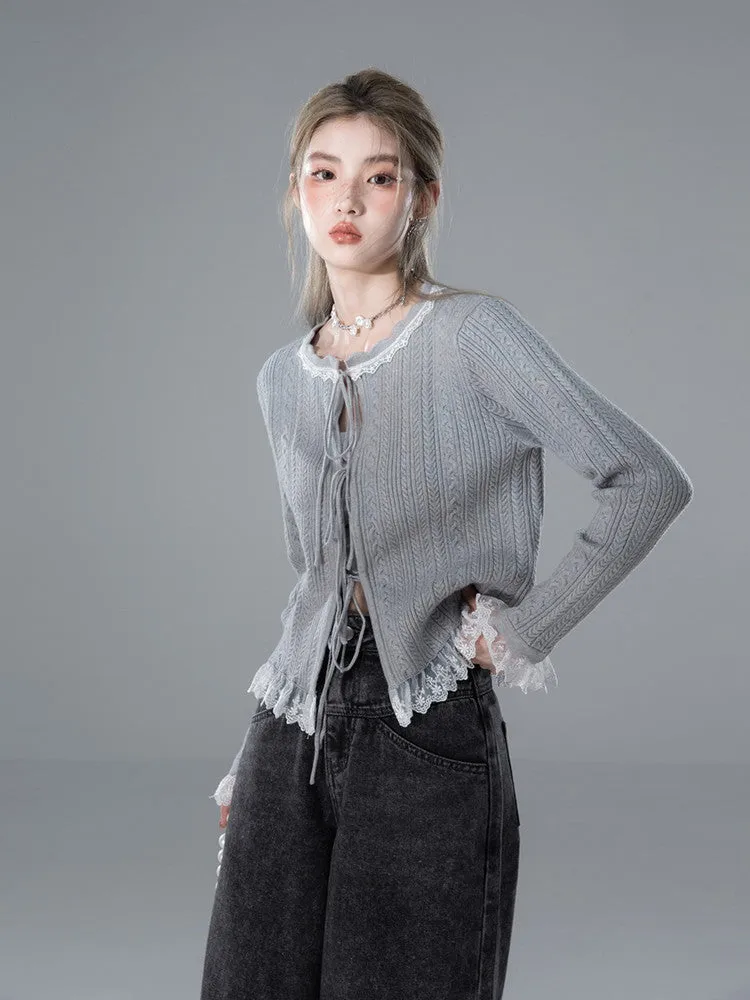 Lace Crew-Neck No-Button Feminine Knit Cardigan