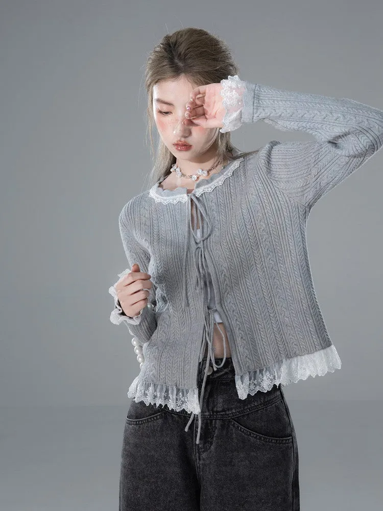 Lace Crew-Neck No-Button Feminine Knit Cardigan