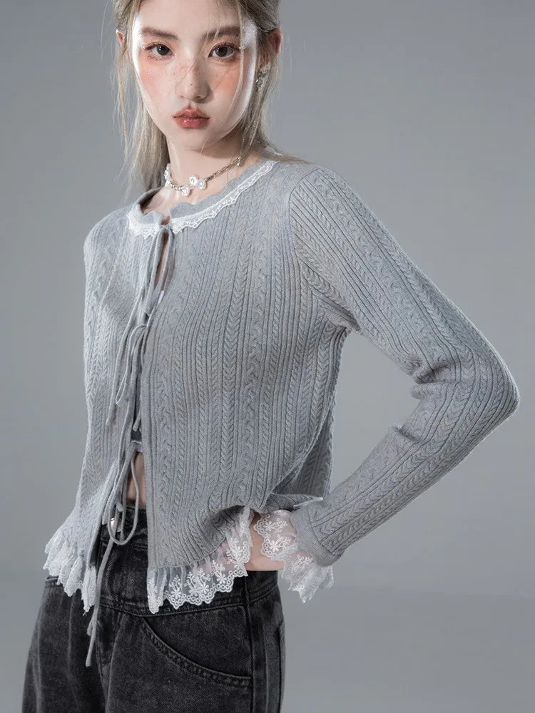 Lace Crew-Neck No-Button Feminine Knit Cardigan