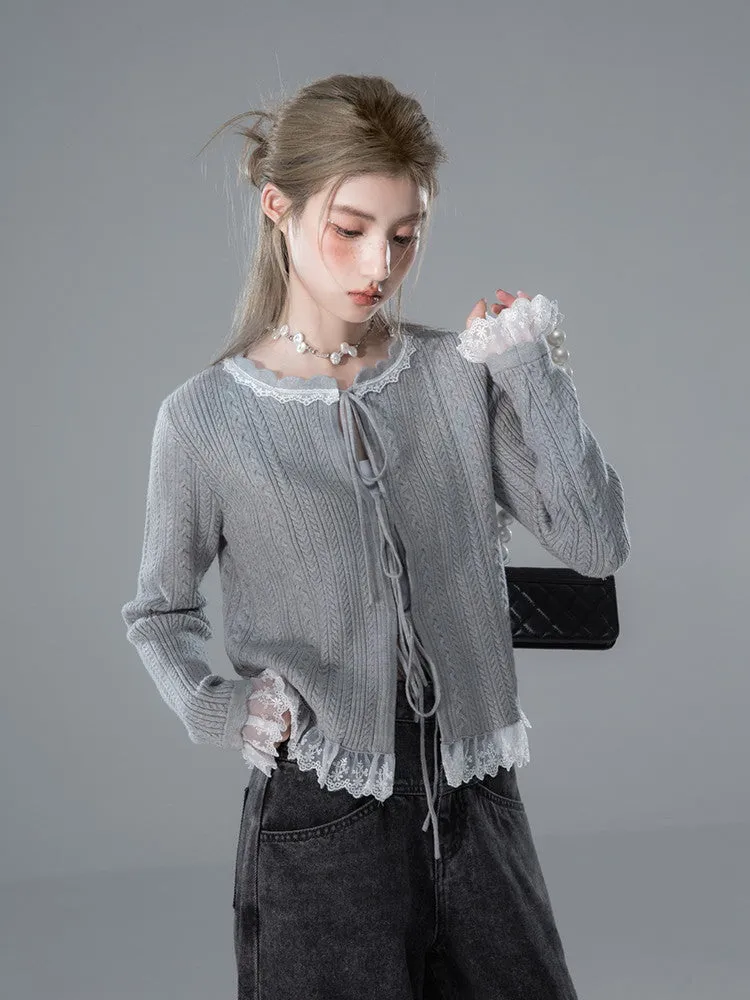 Lace Crew-Neck No-Button Feminine Knit Cardigan