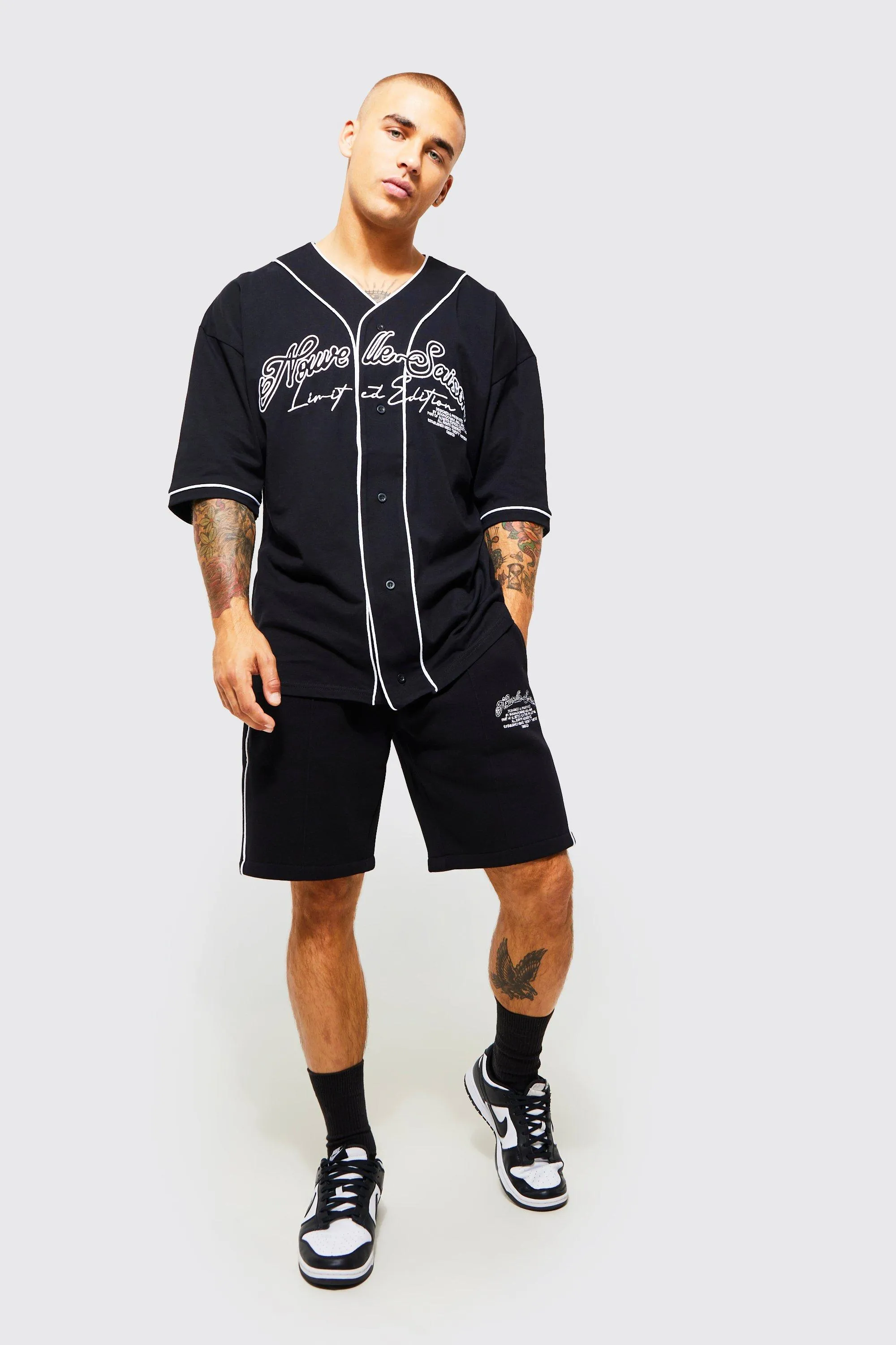 Loose Fit Baseball Short Set | boohooMAN UK