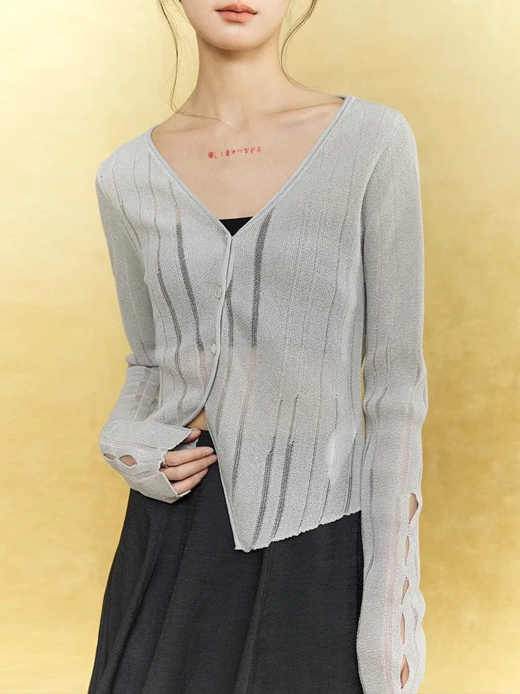 Mesh Sheer Simple Chic Stripe Thin Knit Cardigan