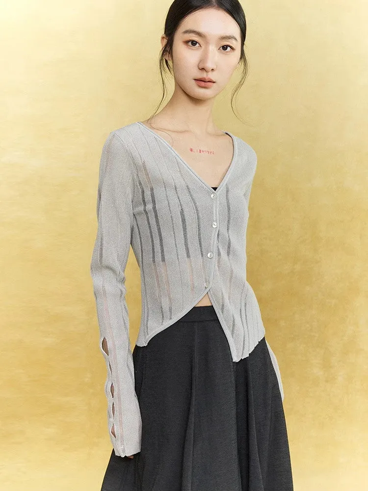 Mesh Sheer Simple Chic Stripe Thin Knit Cardigan