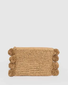 Natural Helena Pom Pom Clutch Bag