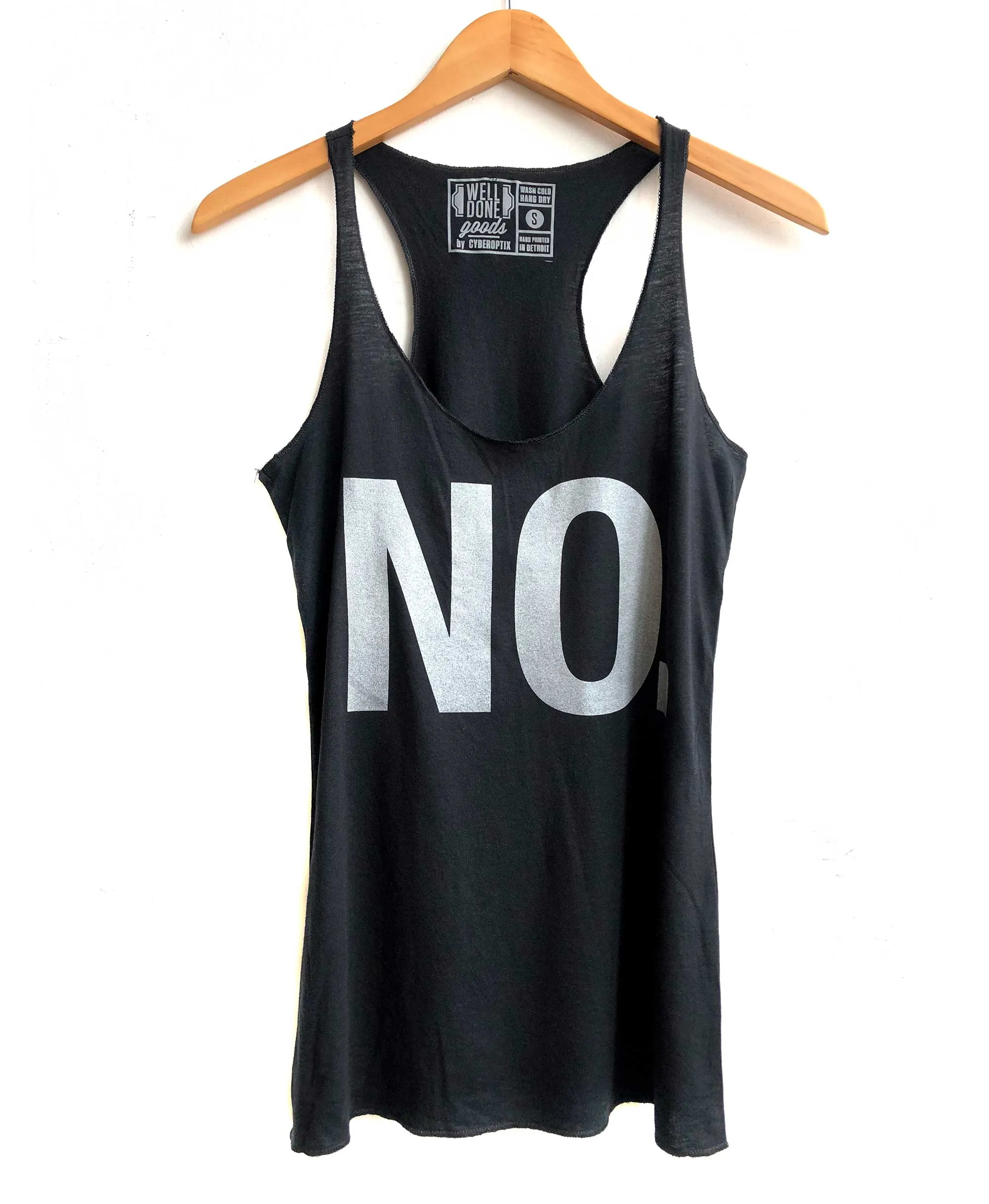 No. Text Printed Tank Top, women's black racerback tank