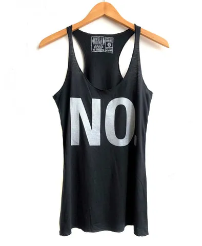 No. Text Printed Tank Top, women's black racerback tank