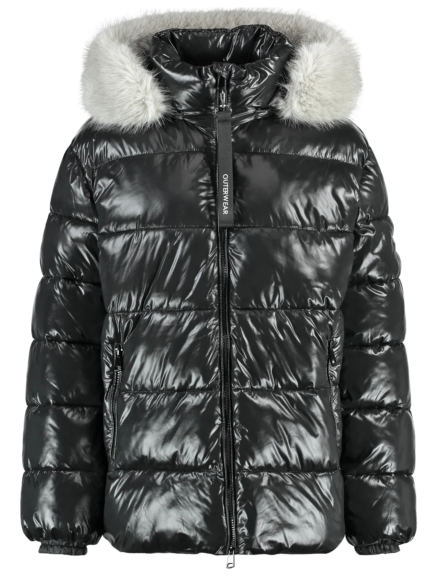 Outdoor jacket with a faux fur collar and shiny finish