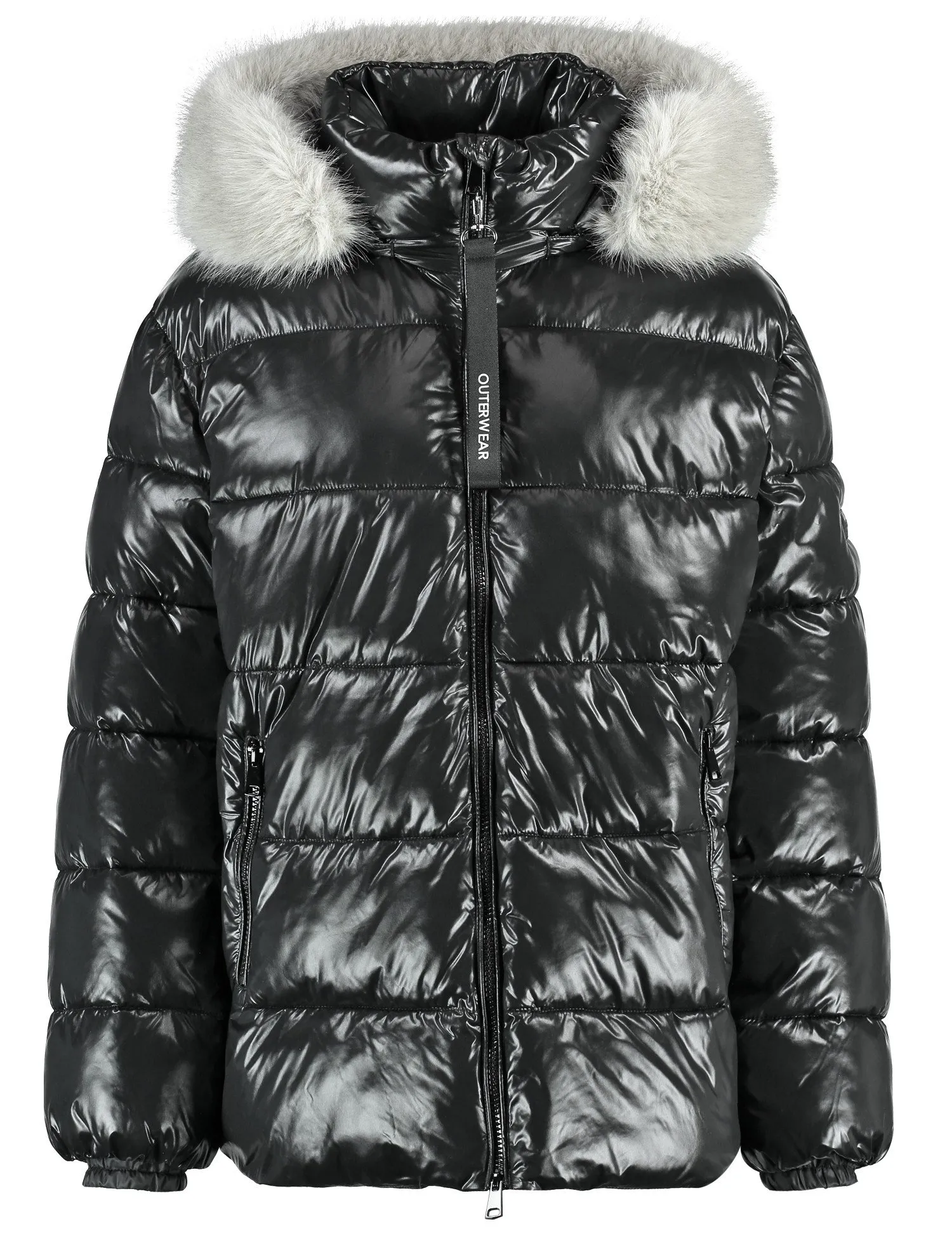 Outdoor jacket with a faux fur collar and shiny finish