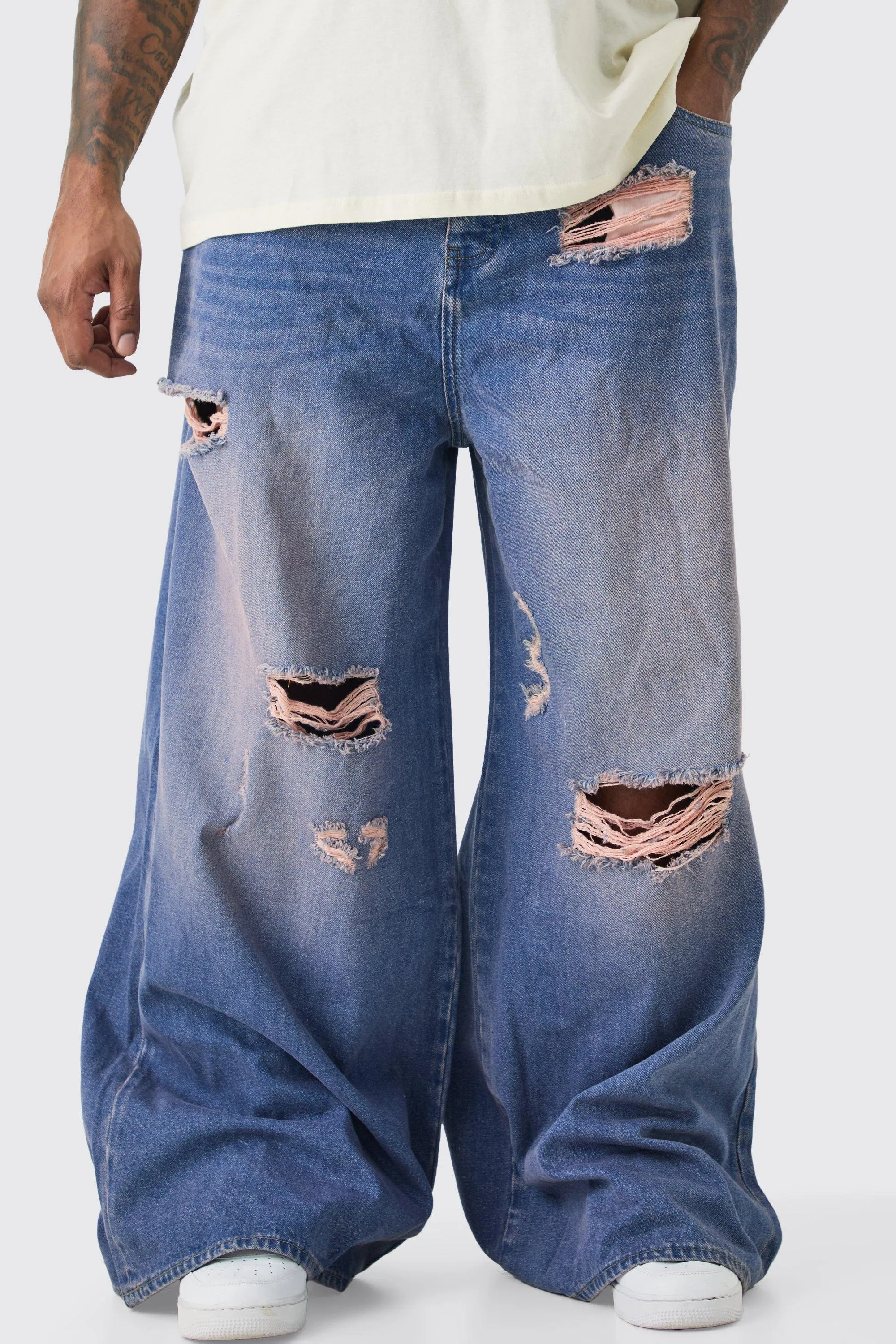 Plus Extreme Baggy Overdyed Frayed Applique Jeans