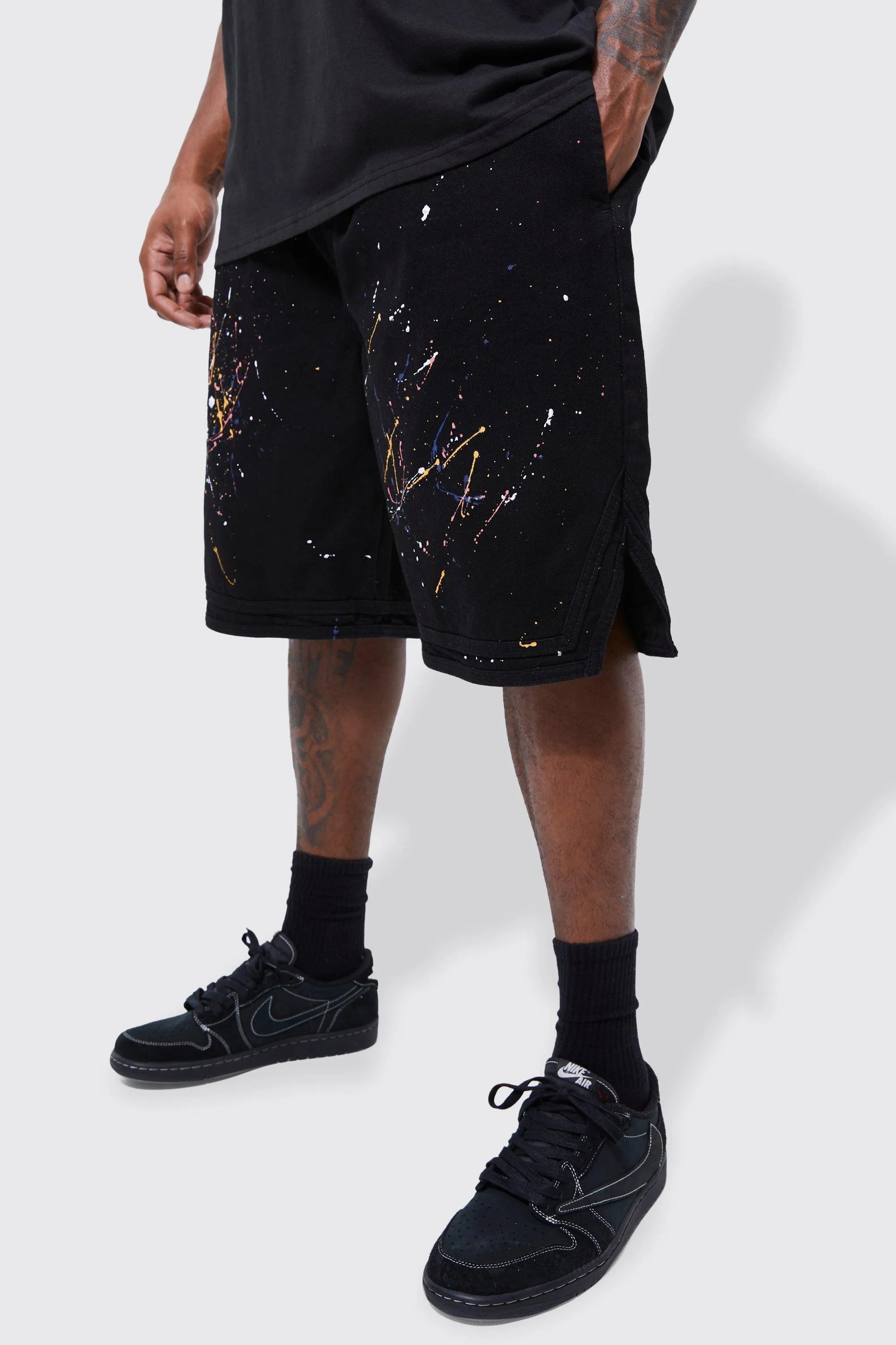 Plus Paint Splatter Denim Basketball Short | boohooMAN UK