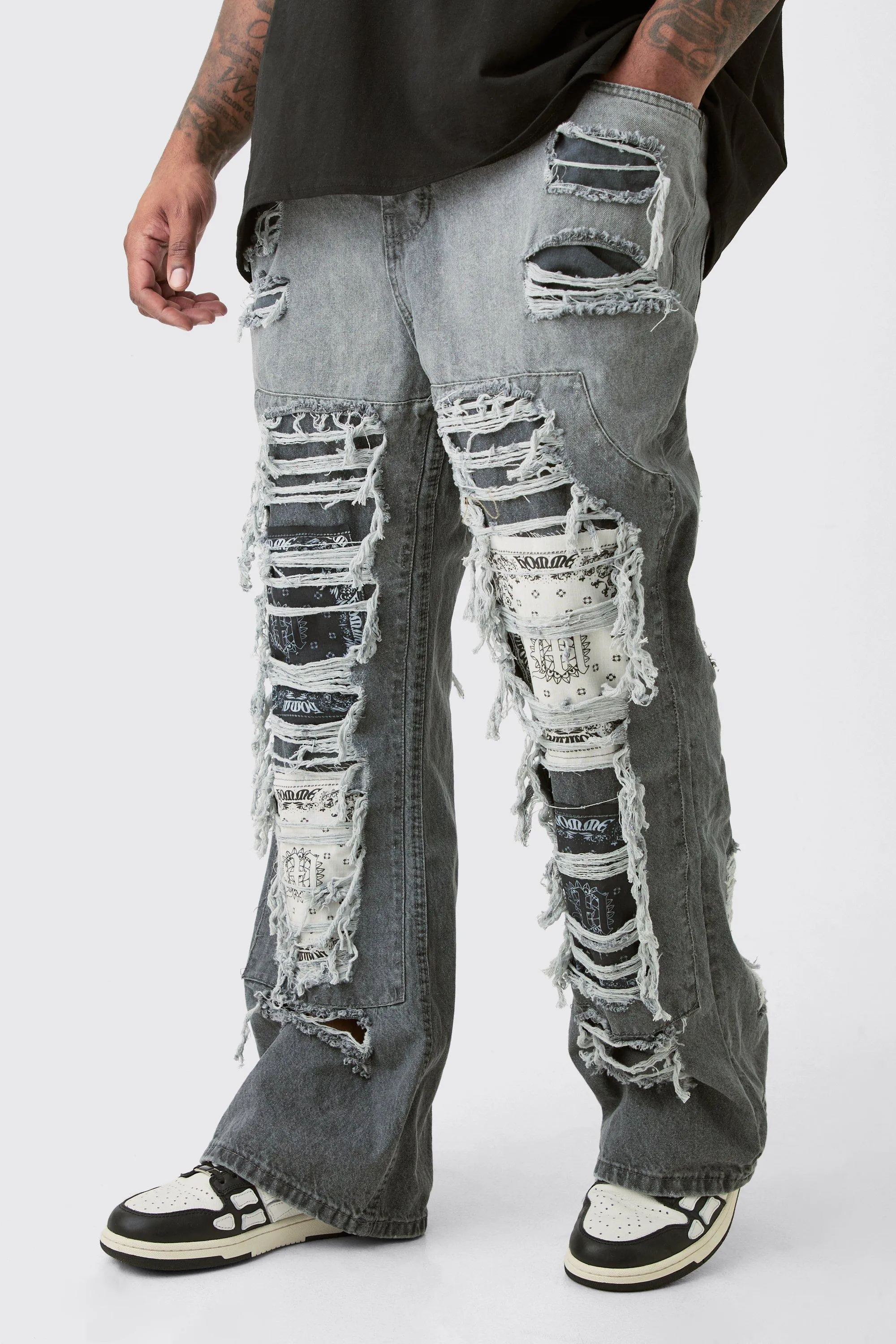 Plus Relaxed Rigid Flare Rip & Repair Applique Jeans