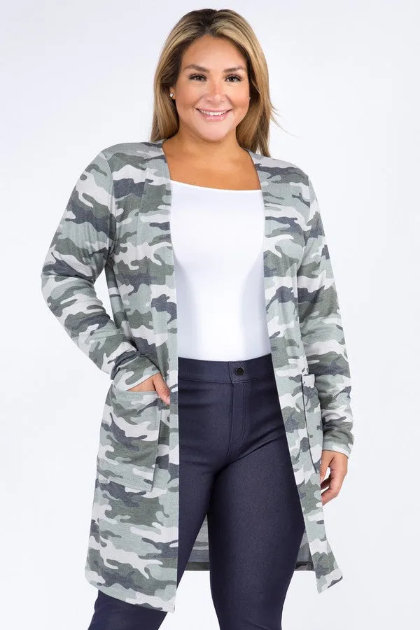 Plus Size Camouflage Cardigan with Pockets