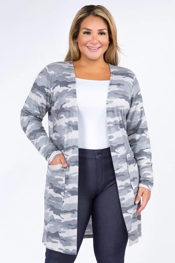 Plus Size Camouflage Cardigan with Pockets