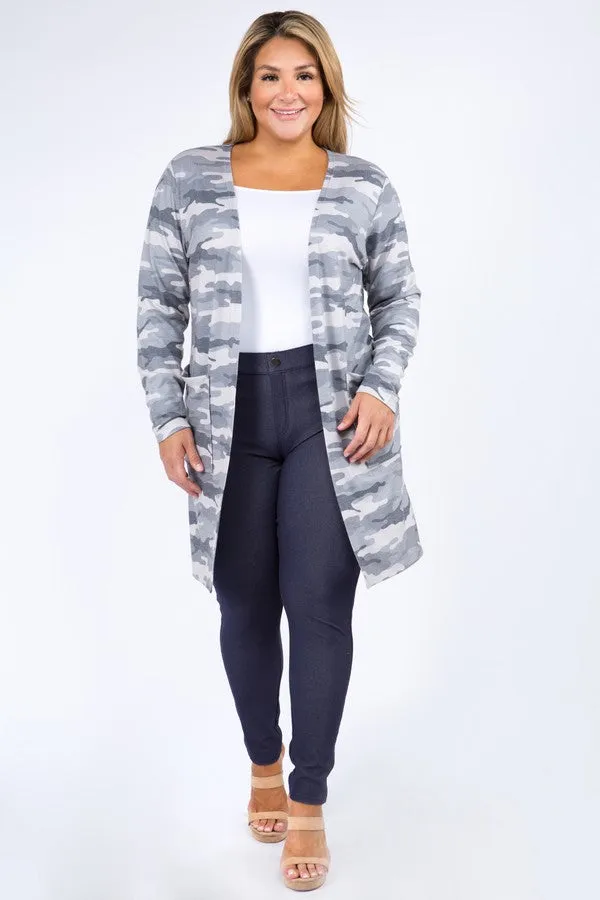 Plus Size Camouflage Cardigan with Pockets