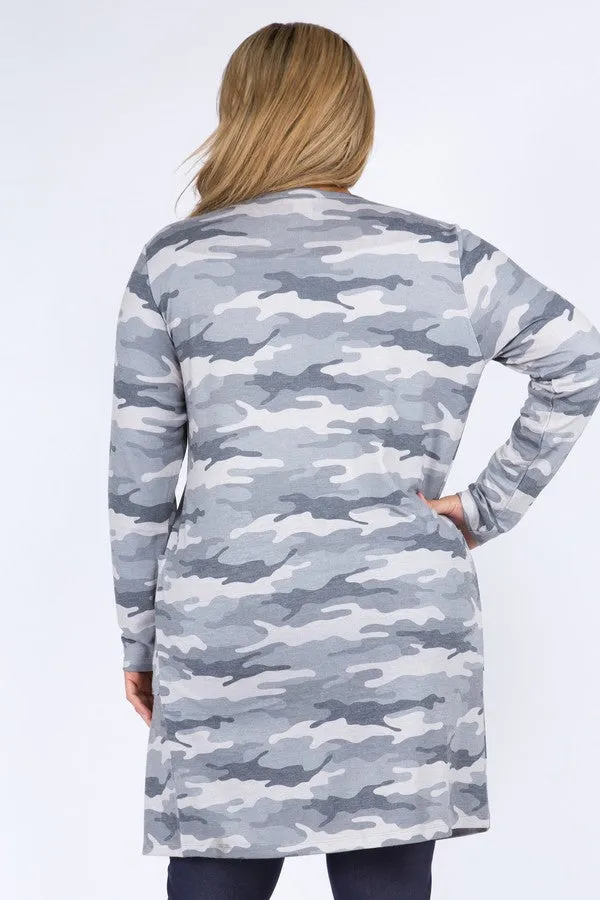 Plus Size Camouflage Cardigan with Pockets