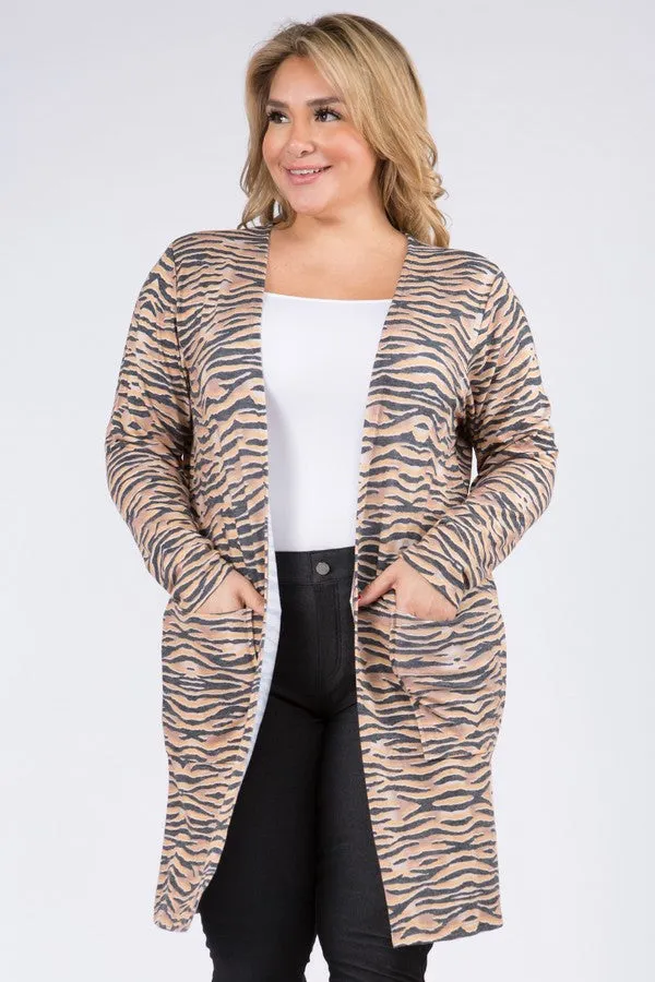 Plus Size Striped Animal Print Cardigan