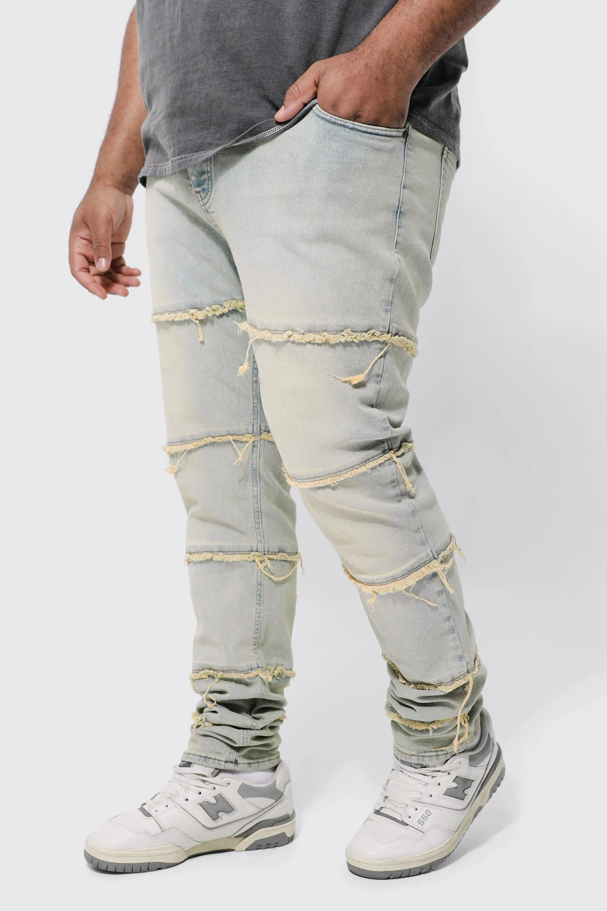 Plus Skinny Stretch Frayed Panelled Stacked Jeans