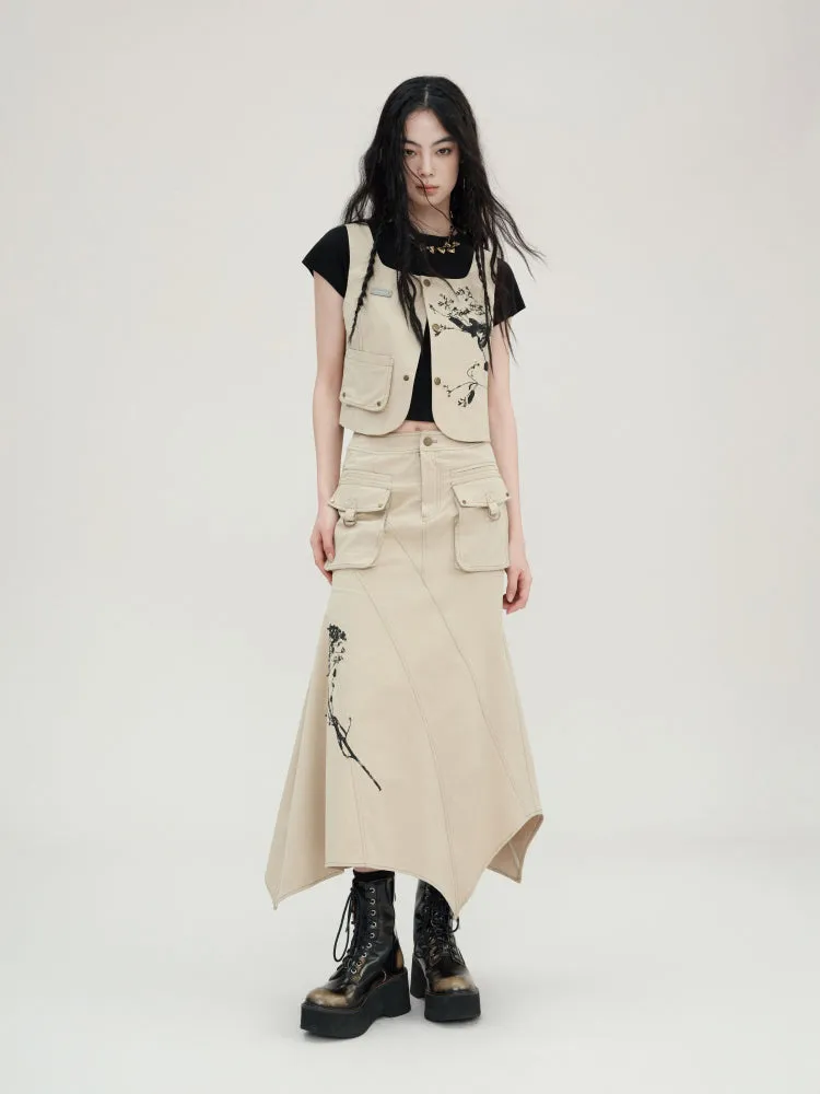 Printed Beaded Work Vest & Irregular Work Skirt