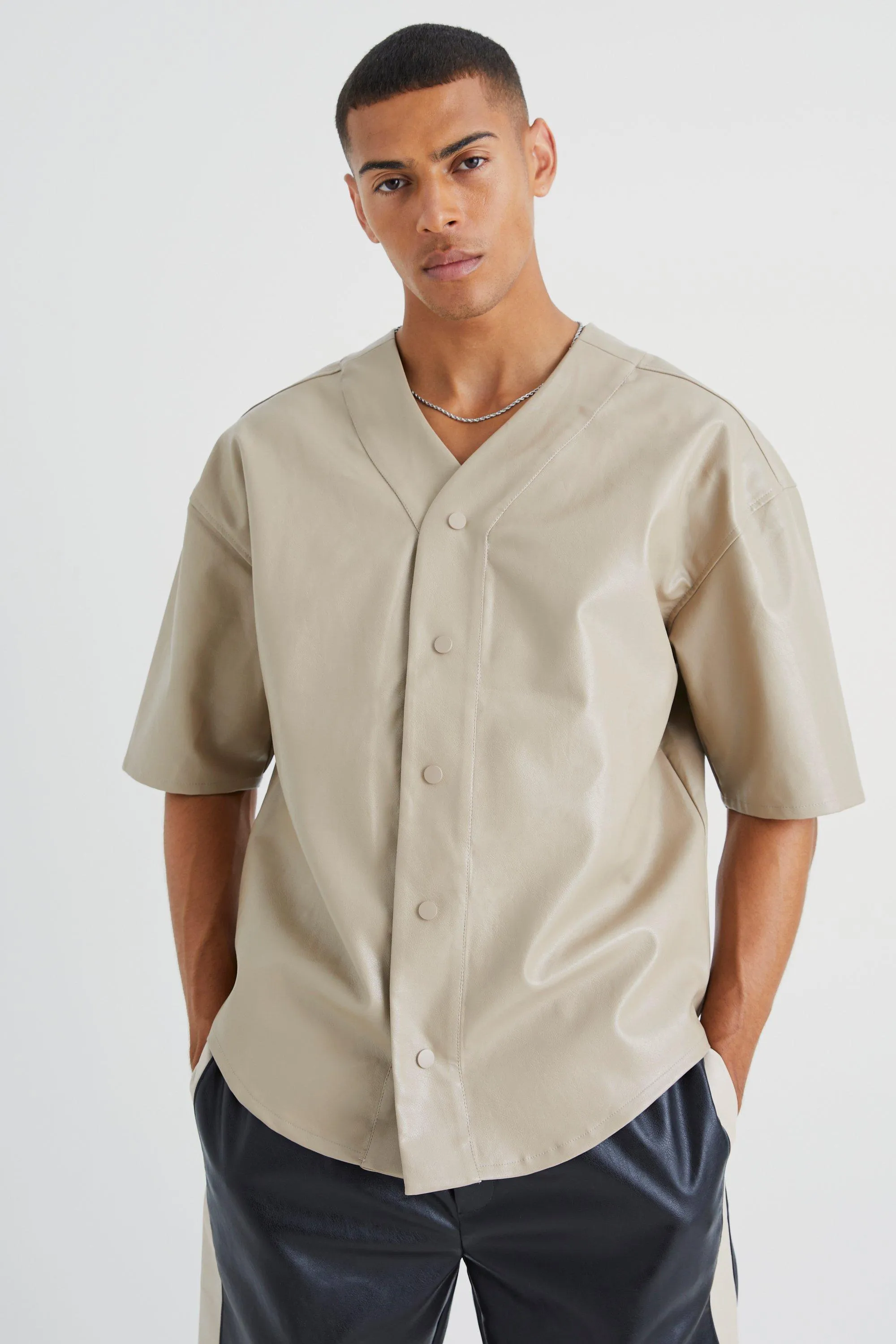 Pu Oversized Baseball Shirt | boohooMAN UK