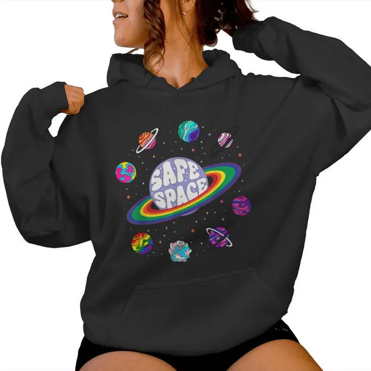 Retro Rainbow Planets Safe Space Cosmic Lgbtq Pride Month Women Hoodie