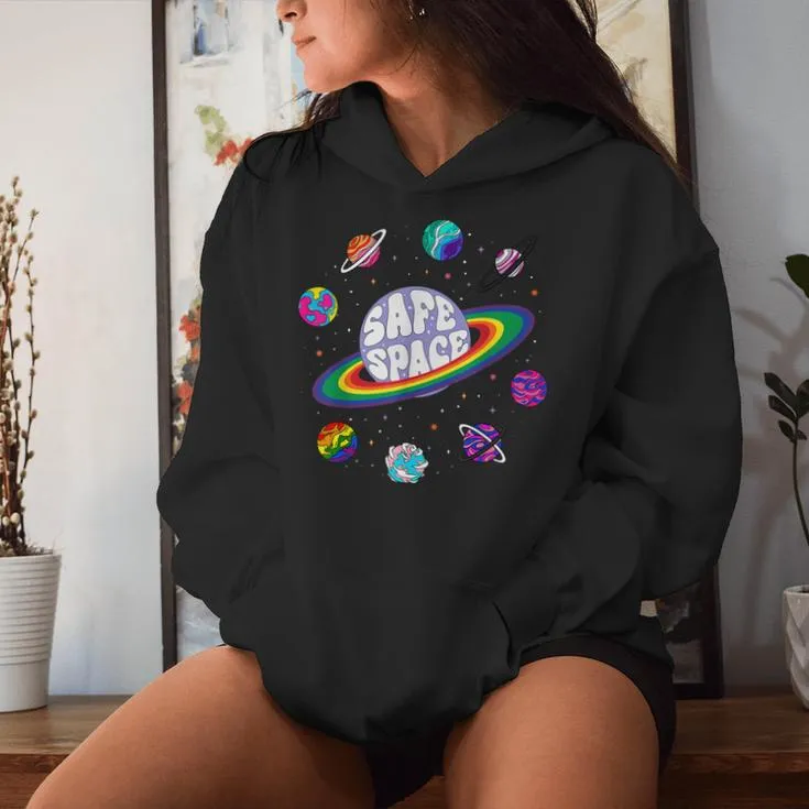 Retro Rainbow Planets Safe Space Cosmic Lgbtq Pride Month Women Hoodie