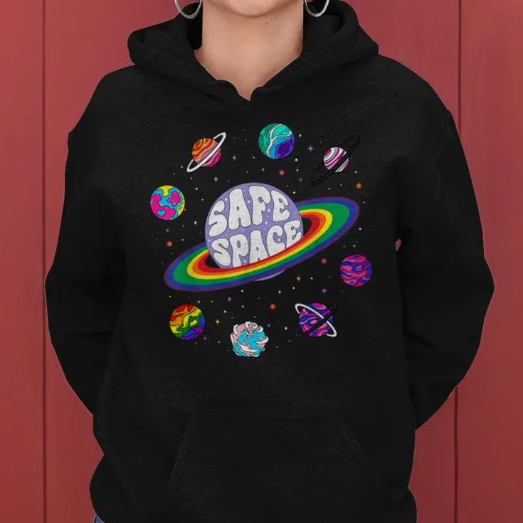 Retro Rainbow Planets Safe Space Cosmic Lgbtq Pride Month Women Hoodie