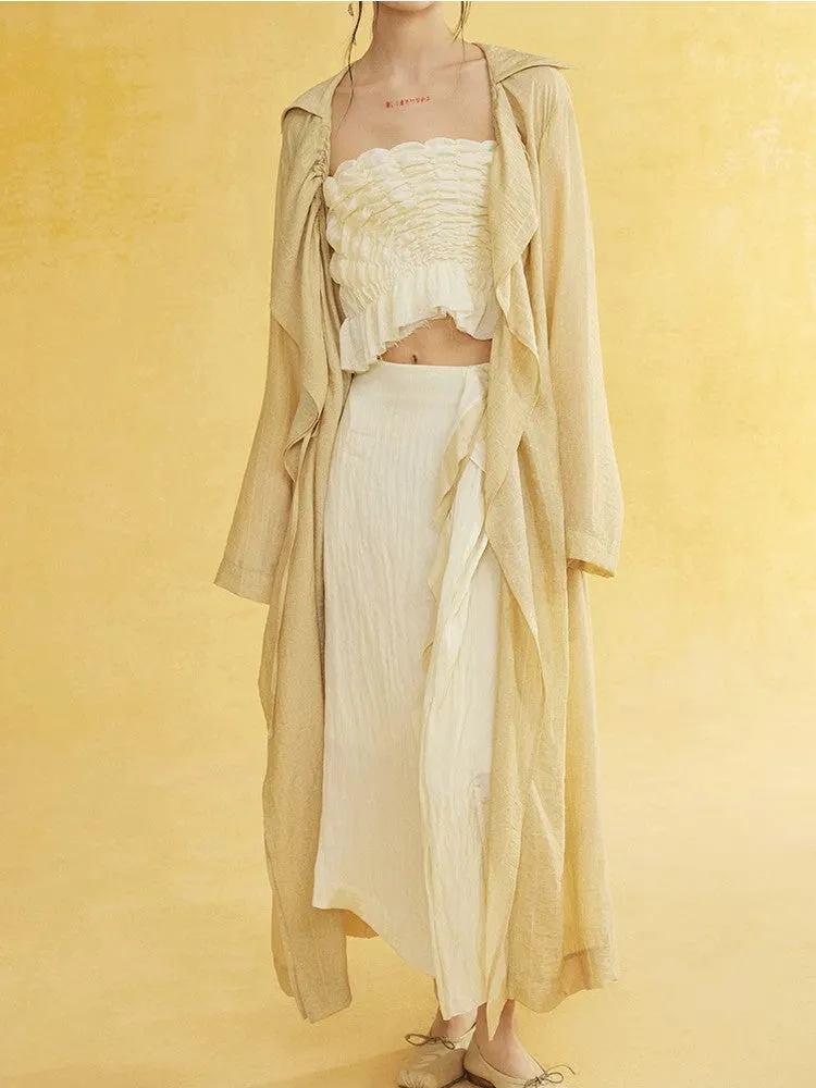 Retro Sheer Oversize Ruffle Wrinkled Long-Cardigan