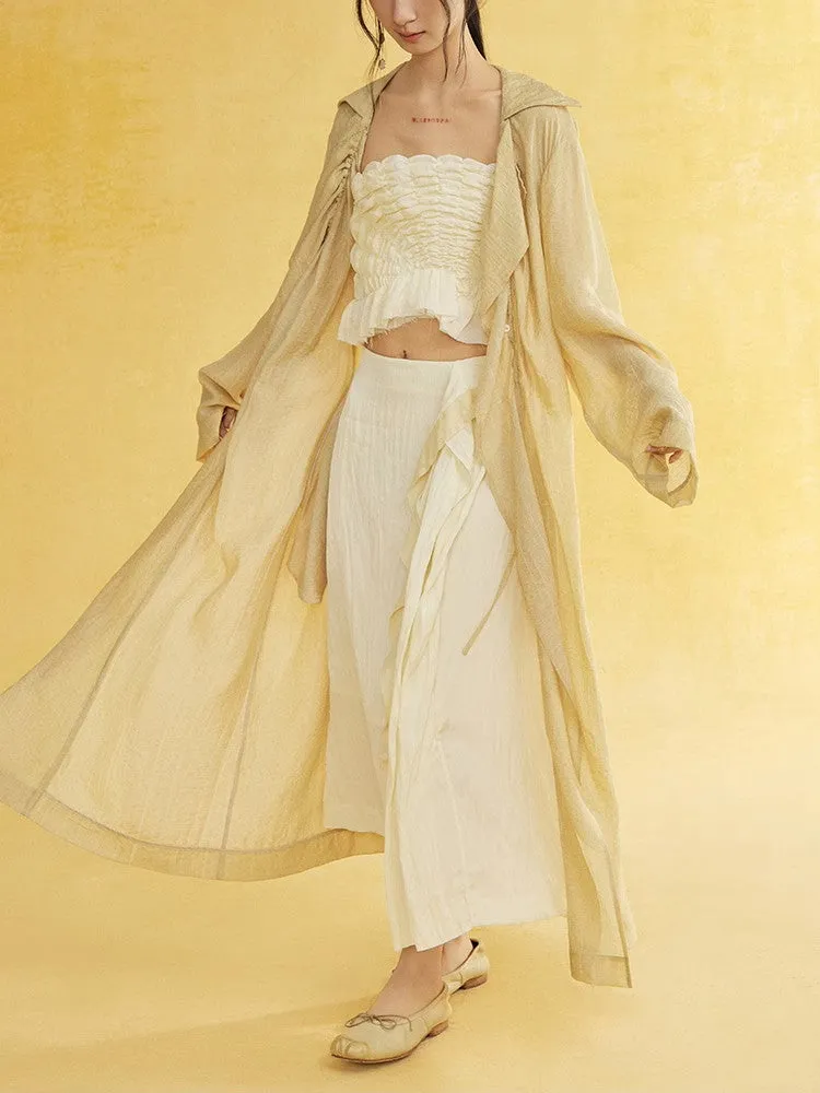 Retro Sheer Oversize Ruffle Wrinkled Long-Cardigan