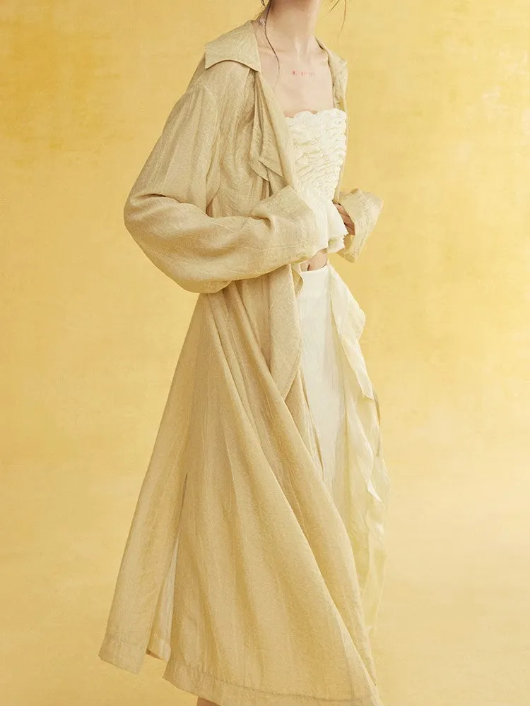 Retro Sheer Oversize Ruffle Wrinkled Long-Cardigan