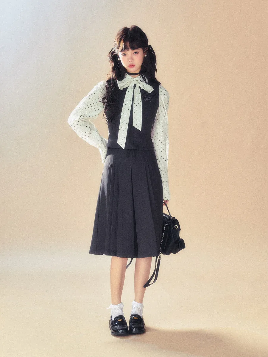 Set-Up College Casual Box-Pleats Classy Vest&Long-Skirt&Short-Pants