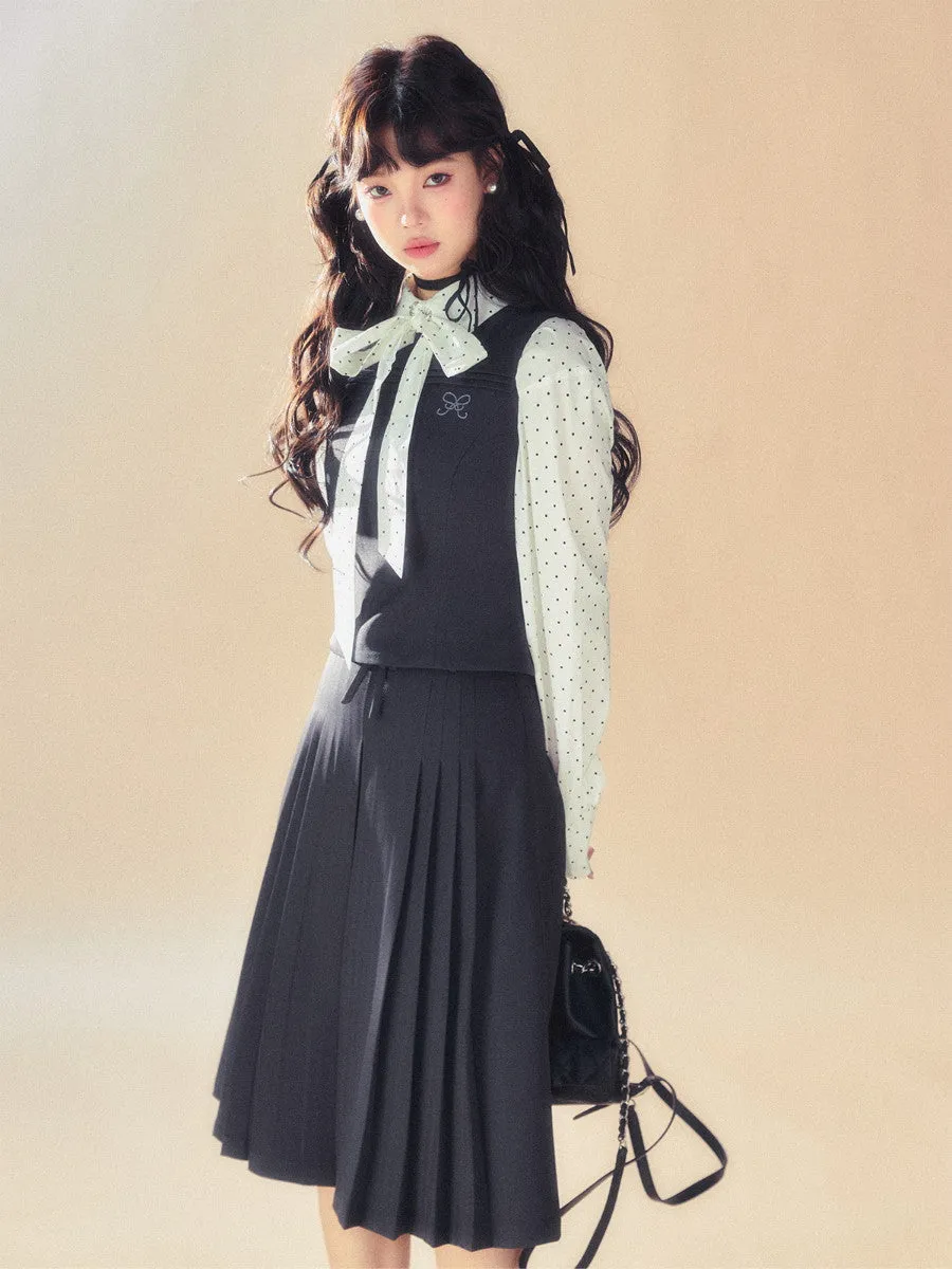 Set-Up College Casual Box-Pleats Classy Vest&Long-Skirt&Short-Pants