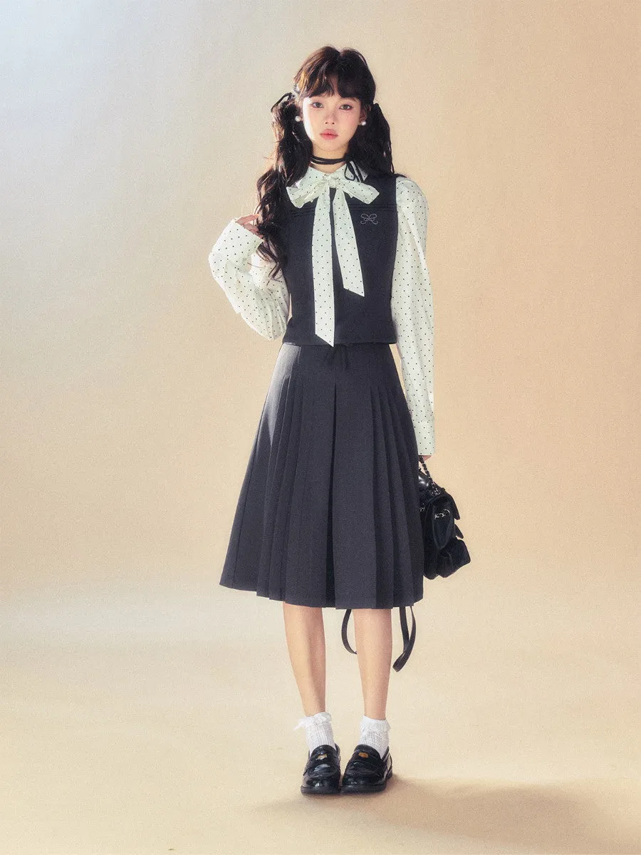 Set-Up College Casual Box-Pleats Classy Vest&Long-Skirt&Short-Pants