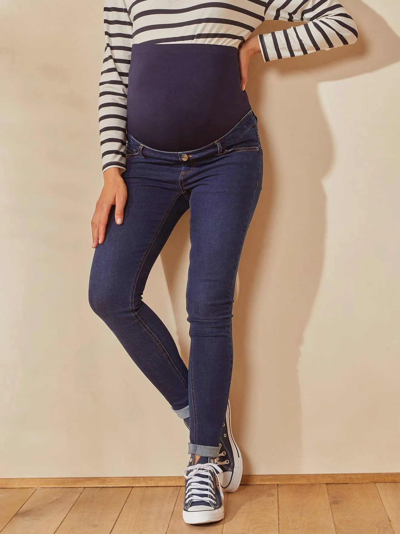 Skinny Leg Maternity Jeans with Seamless Belly-Wrap - dark blue