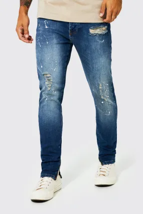 Skinny Ripped Paint Splatter Jeans With Zips