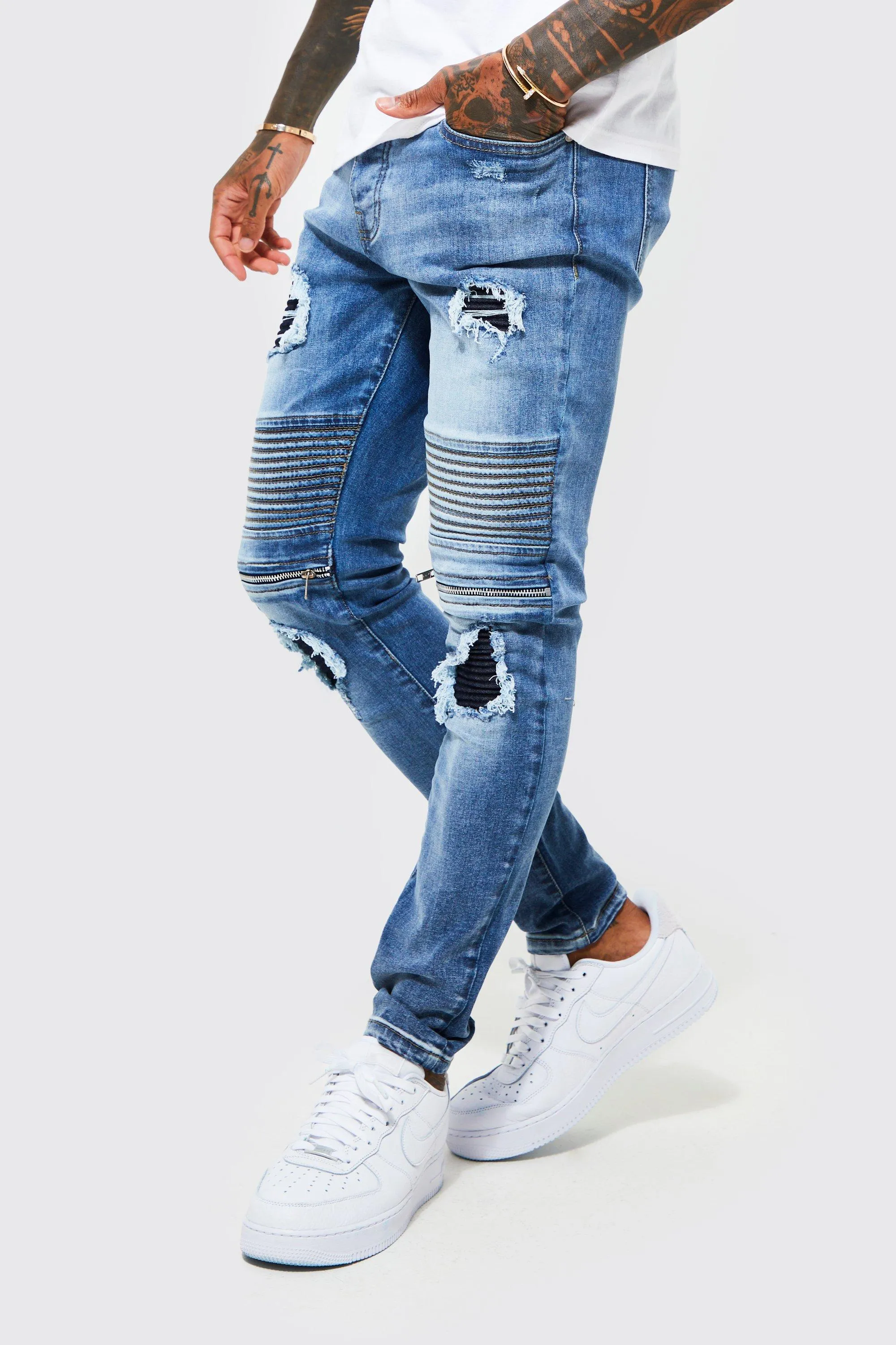 Skinny Stretch Rip & Repair Zip Biker Jeans