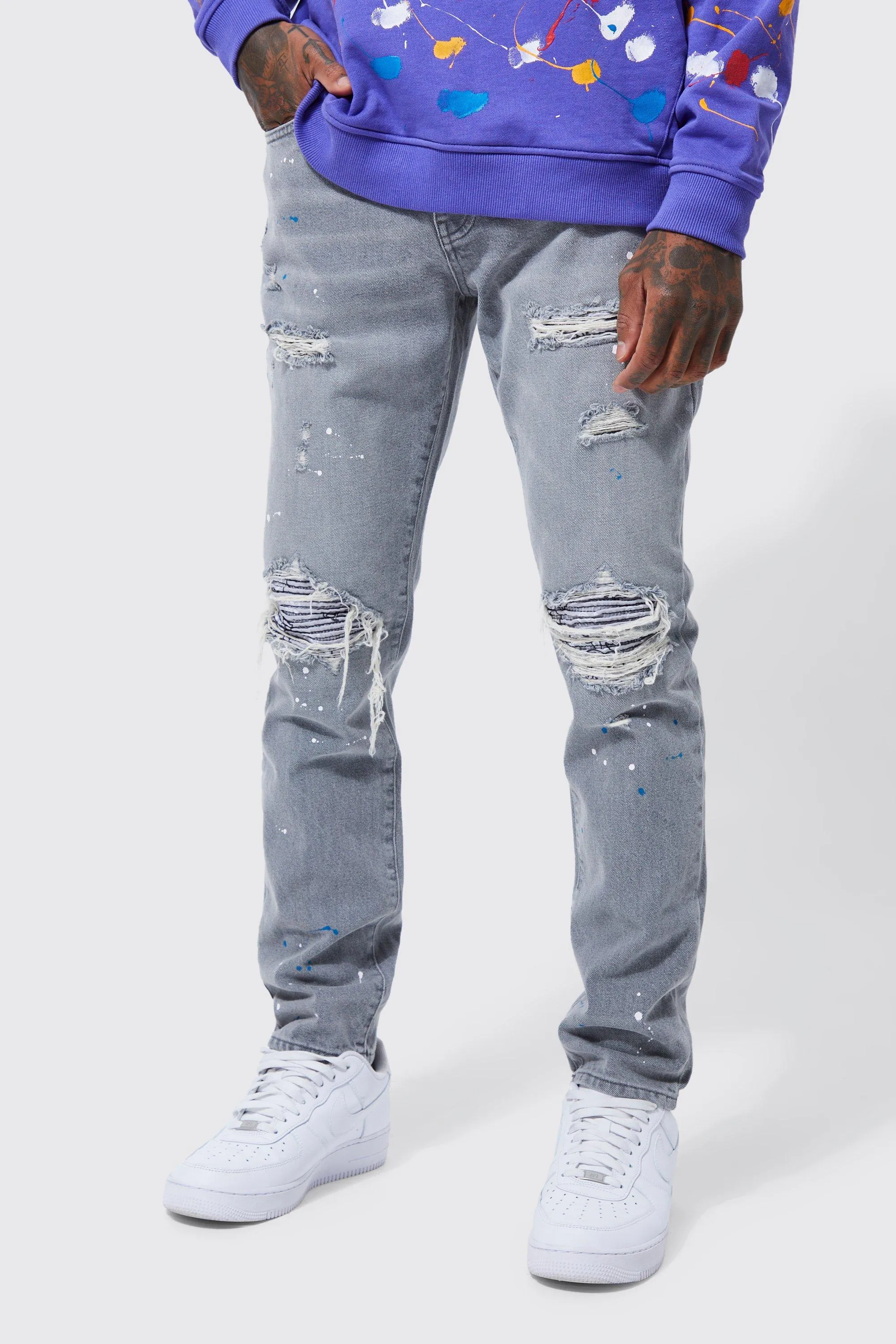 Slim Fit Rip & Repair Paint Splatter Jeans