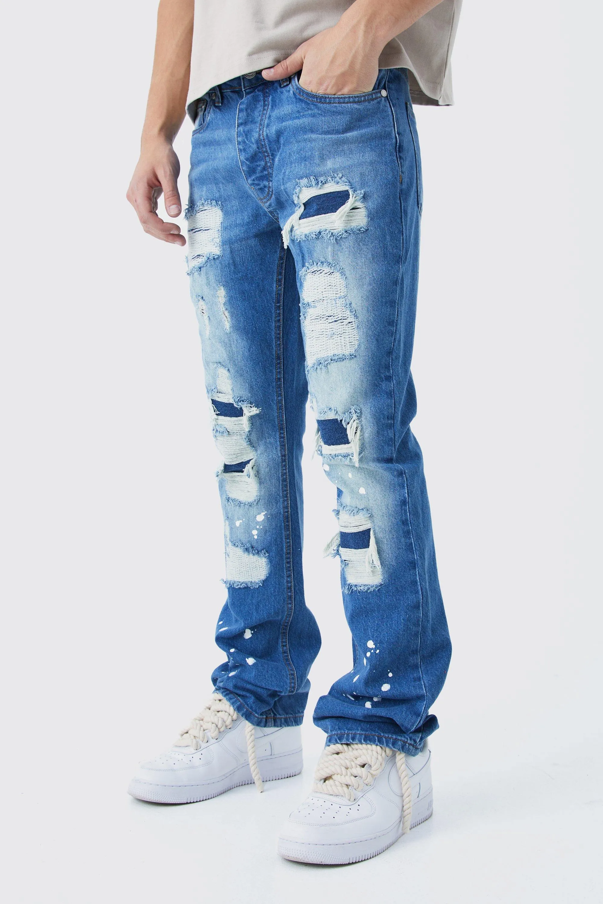 Slim Rigid Flare Rip & Repair Bleached Jeans