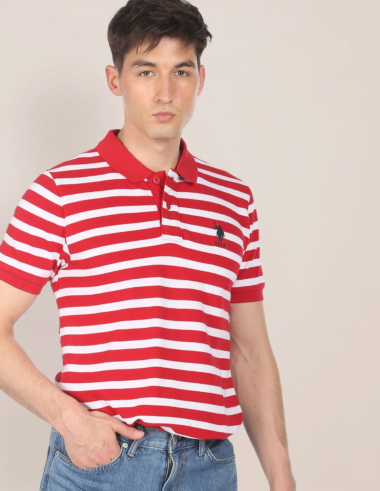 U.S. Polo Assn. Men Red And White Striped Cotton Pique Polo Shirt