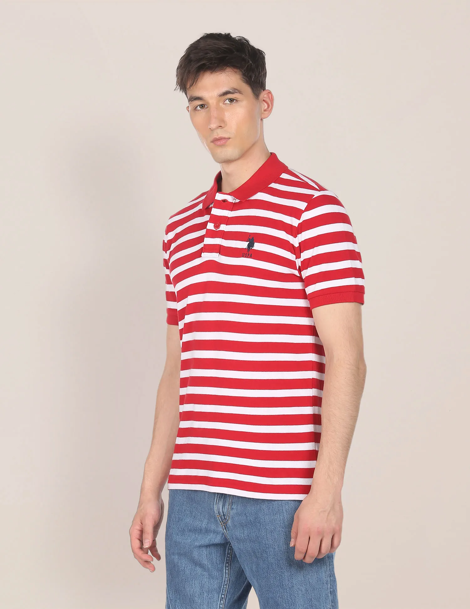 U.S. Polo Assn. Men Red And White Striped Cotton Pique Polo Shirt