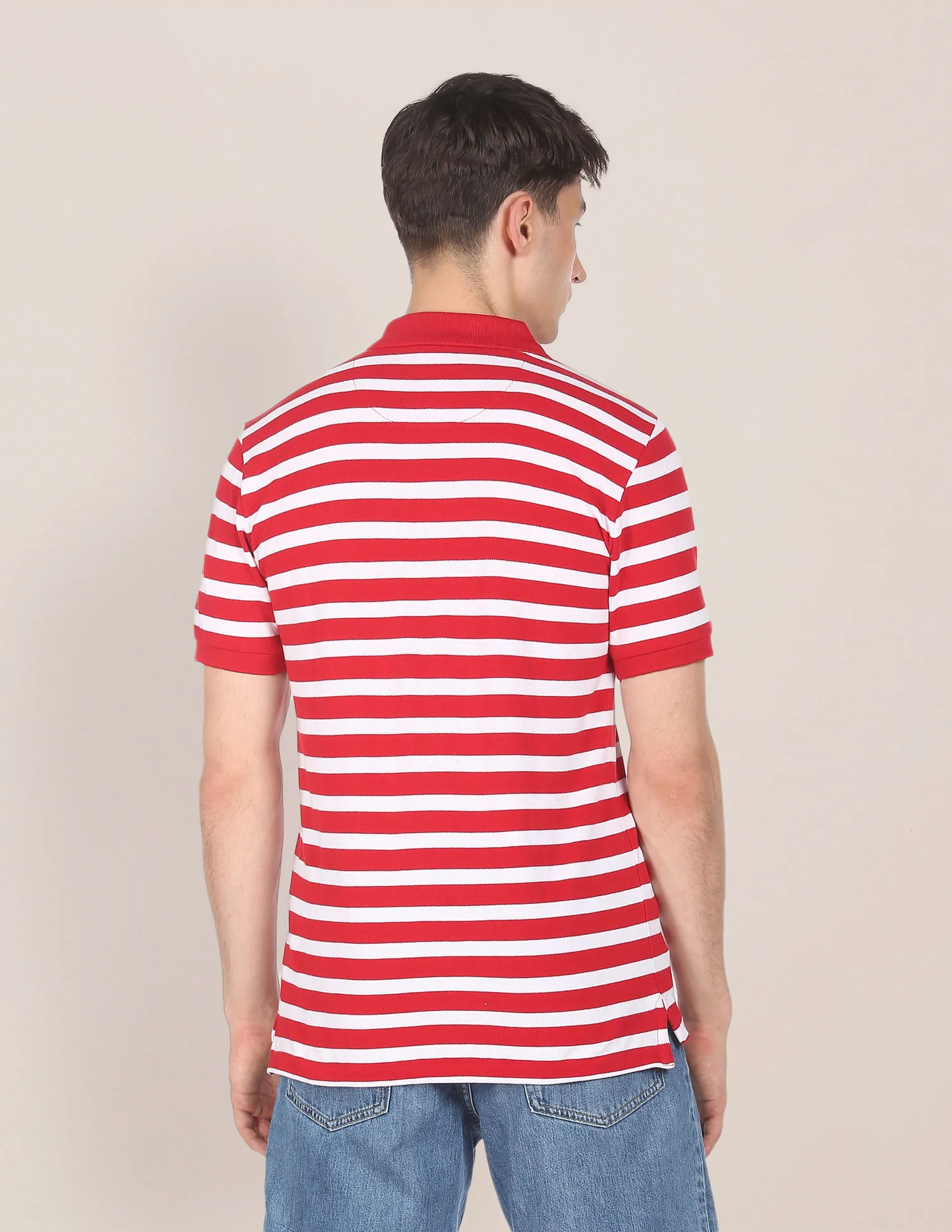 U.S. Polo Assn. Men Red And White Striped Cotton Pique Polo Shirt