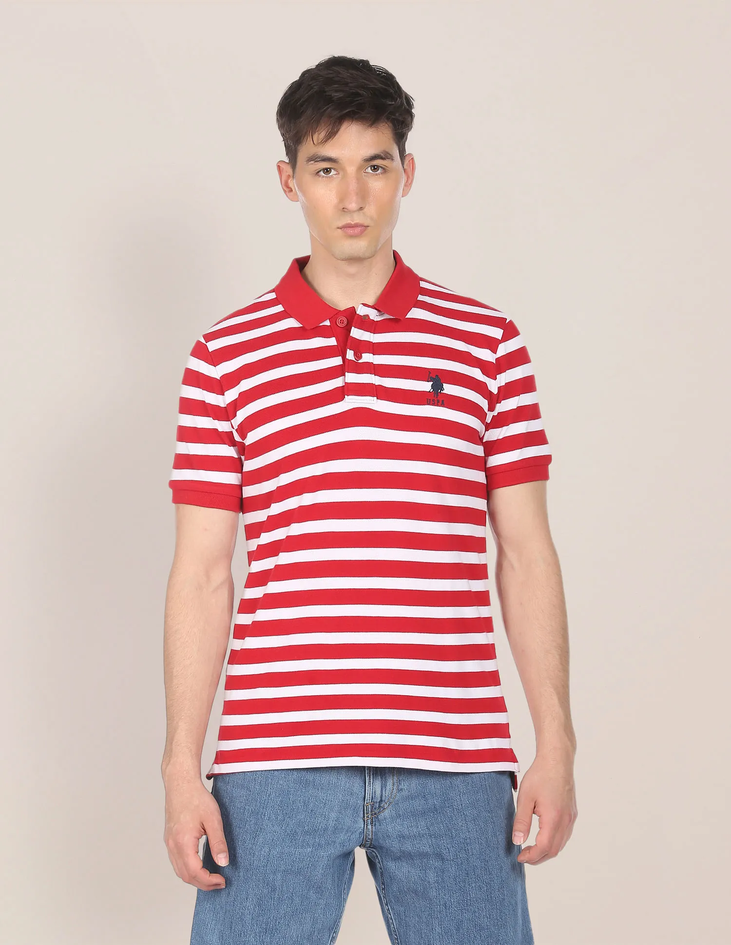 U.S. Polo Assn. Men Red And White Striped Cotton Pique Polo Shirt