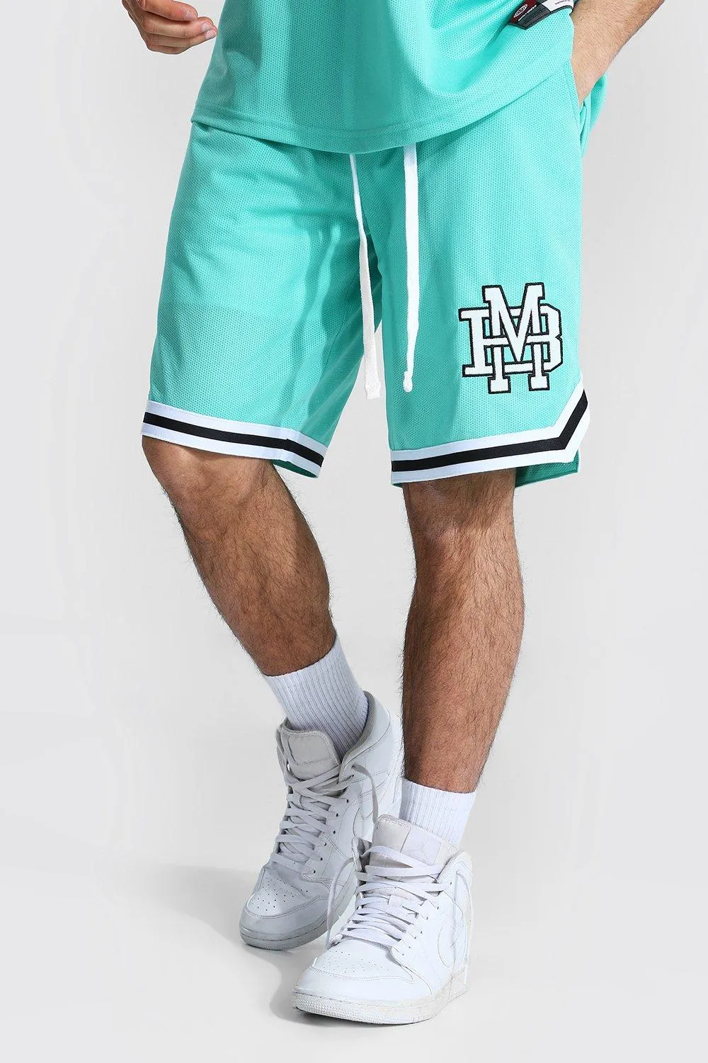 Varsity Man Applique Mesh Basketball Shorts | boohooMAN UK